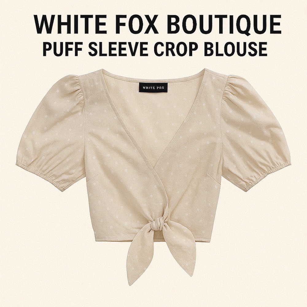 White Fox Boutique Cream Puff Sleeve Crop Blouse with Tie Front